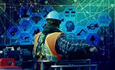 A construction worker with AI symbols in the background..
