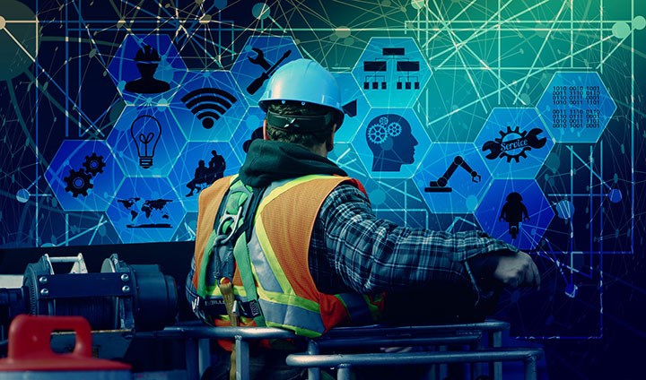 A construction worker with AI symbols in the background.
