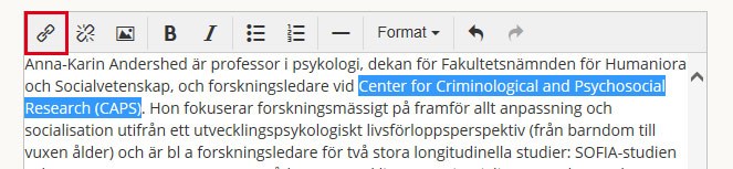 Editor med text där knappen till länkverktyget är aktiverad.