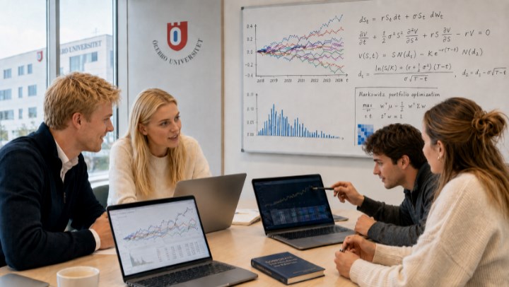 Några studenter med bärbara datorer samlade i en grupp.