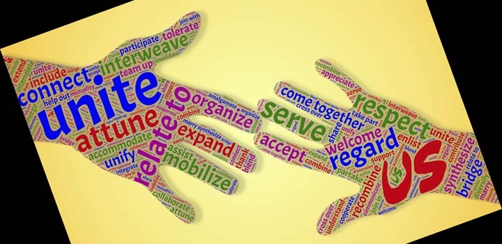 Word cloud about community, inclusion and adaptation located in an outline of two hands touching each other.