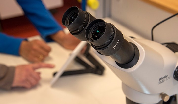 Ett mikroskop. I bakgrunden syns två personers händer. De pekar på en skärm.