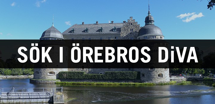 Foto på Örebro slott i bakgrunden med texten "Sök i Örebros DiVA" i vitt