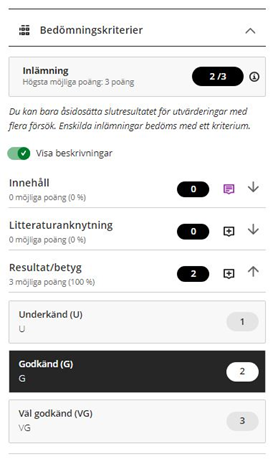 Skärmbild - ifyllt kriterium