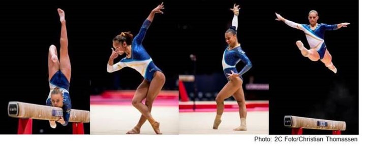 Four pictures with female gymnasts.