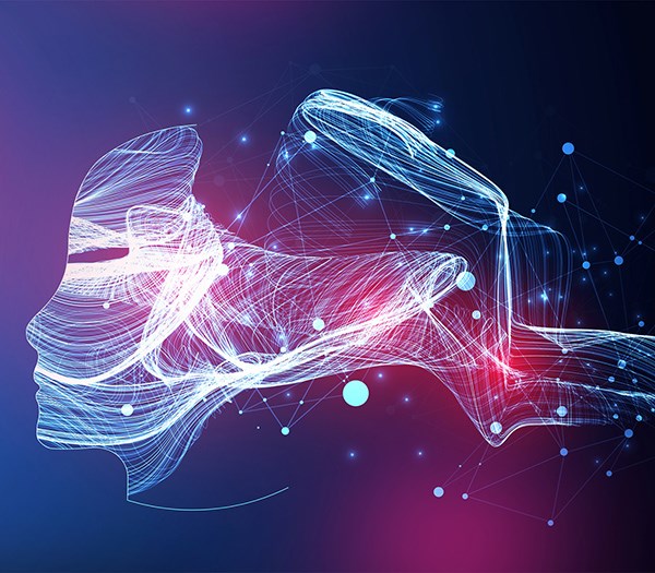 Abstract illustration of a human profile in light blue glowing lines