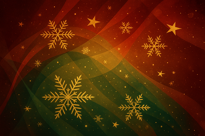 guldiga snöstjärnor mot röd och grön bakgrund