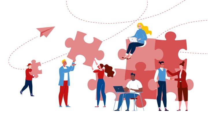Illustration med personer som lägger pussel.