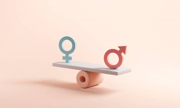 Picture of a seesaw with gender logos