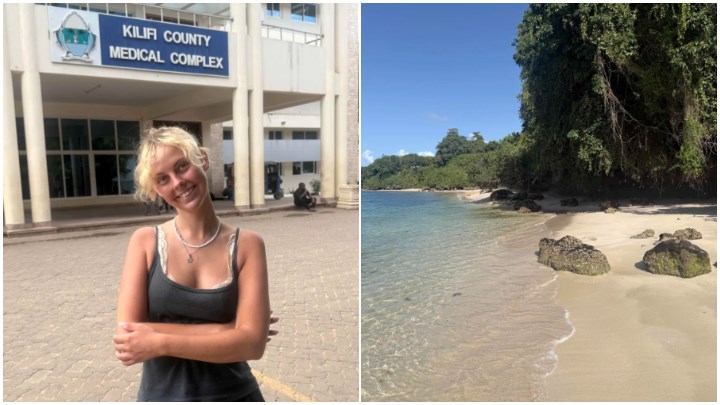Siri Reuterswärd vid ett sjukhus och en strand i Kenya