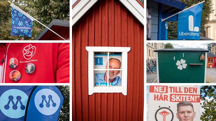 Valstuga och logotyper för partier.