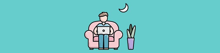 Illustration av en person som nattetid sitter i en fåtölj med en bärbar dator.