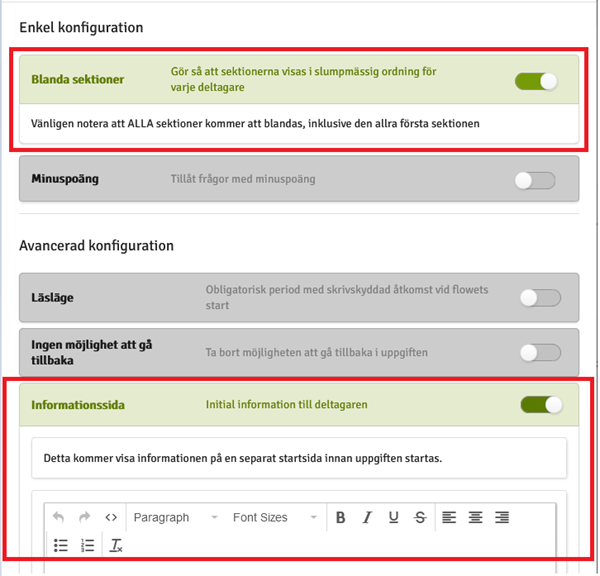 Aktivera randomisering av sektioner och informationssida