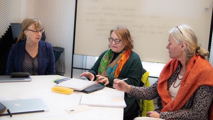 Gun Abrahamsson, Franziska Klügl och Ann Öhman diskuterar  sittandes runt ett bord.