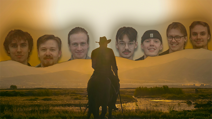 Cowboy på häst rider iväg mot horisonten, ansiktsbilder på studenter uppe på himlen