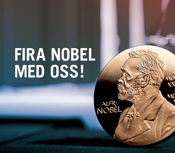 Illustration. Nobelmyntet i nedre höger kant. Text: Fira Nobel med oss!