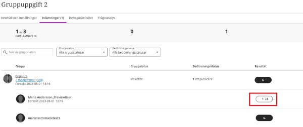 Skärmbild- olika resultat på gruppuppgift