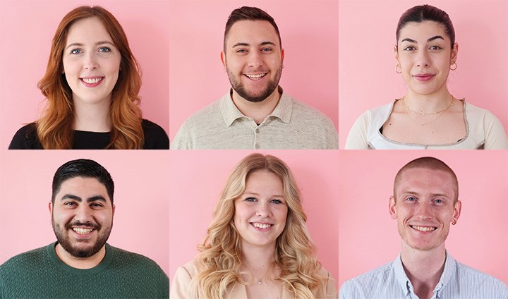 Sex porträtt på de studenter som arbetar med Prata med en student.
