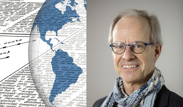 Bilden visar en tidning, en jordglob och ett porträtt av professor Rolf Lidskog.