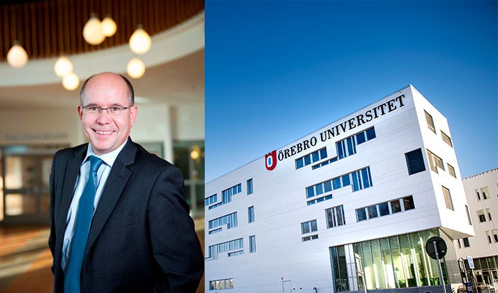 Hans Sollerman tittar in i kameran, till höger om honom syns Örebro universitet.