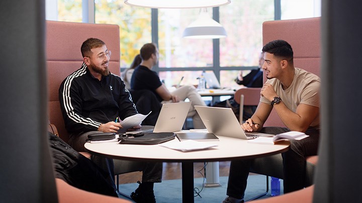 Foto på två studenter som sitter vid varsin dator.