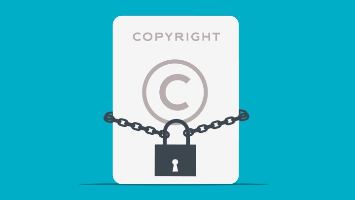 Illustration of a document with the word "copyright" written on it and a chain with a pad lock around the document.