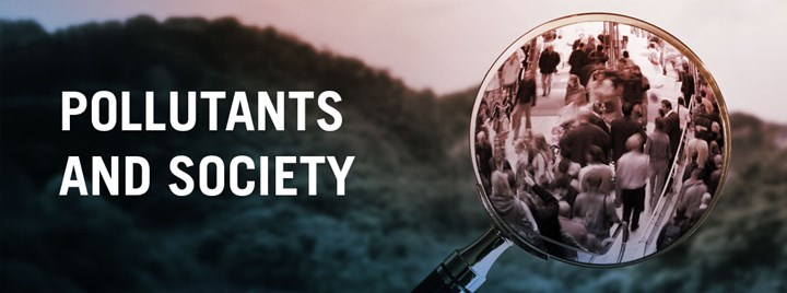 Graphic with the text “Pollution and Society”, showing a forest landscape in the background and, in the foreground, a magnifying glass held over a busy urban environment, symbolising the link between environmental impacts and society.