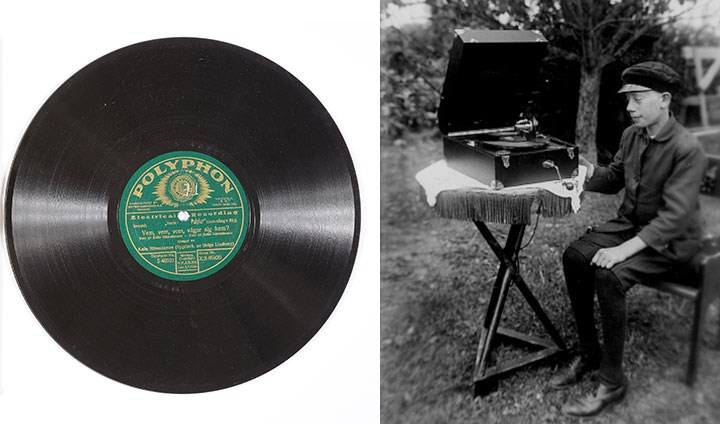 Två bilder bredvid varandra. På den vänstra syns en 78-varvs-skiva, på den högra en pojke i 1920-talskläder som lyssnar på en vevgrammonfon i en trädgård.