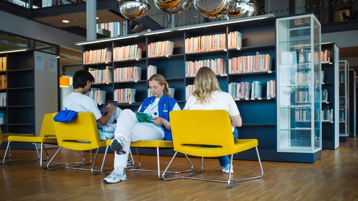 Några forskare sitter och läser i ett bibliotek.