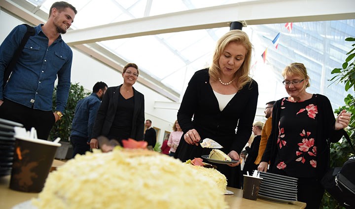 En tårta i förgrunden, i bakgrunden glada forskare.