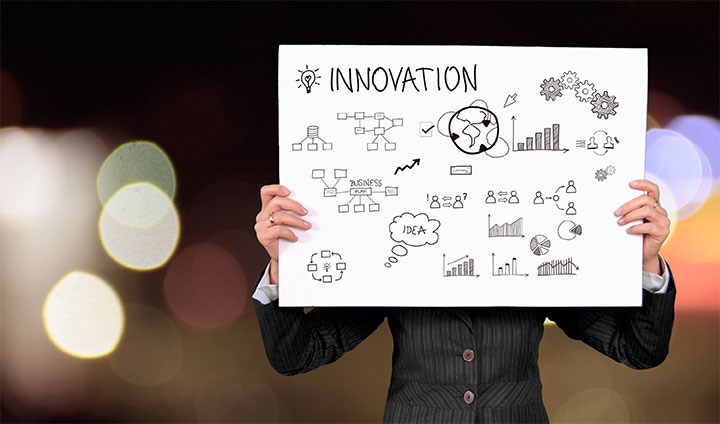 Person håller upp vit skylt med texten Innovation på.