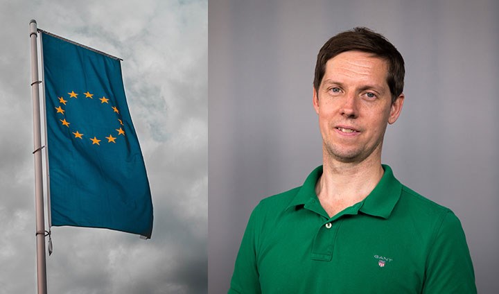 Två bilder bredvid varandra. Den ena bilden föreställer en EU-flagga, den andra forskaren Jacob Öberg i grön pikétröja.