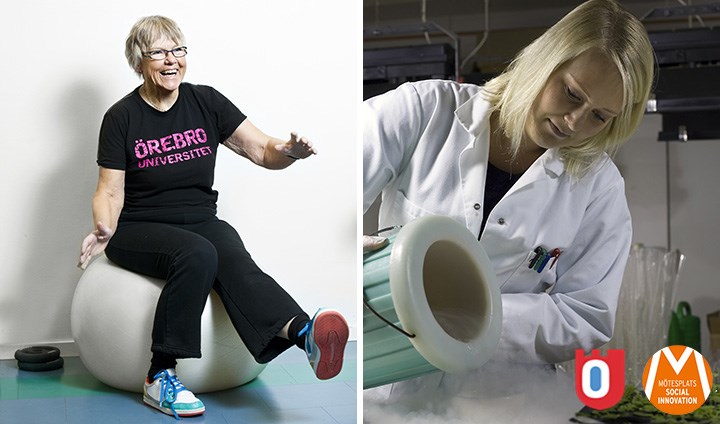 Two pictures in one. The first is of a woman balancing on a gym ball; the second shows a woman wearing a white lab coat pouring a liquid.
