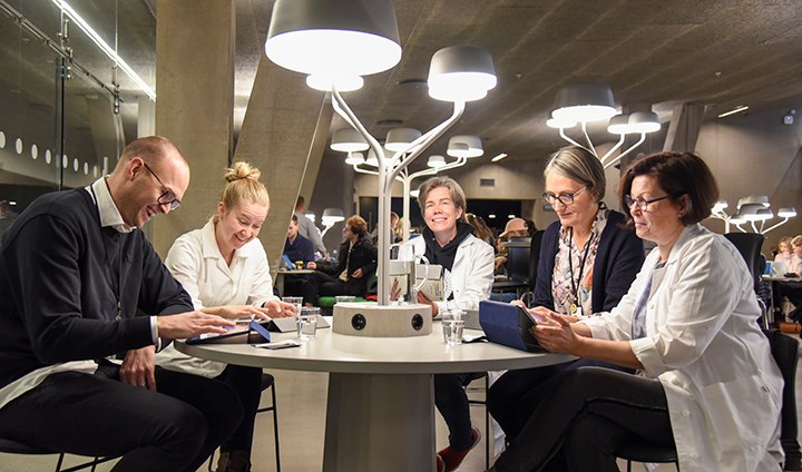 Mari Sandell leder forskningsstudien och tog med sig flera forskare ur sin grupp till Örebro. Johan Swahn, Saara Lundén, Mari Sandell, Åsa Öström och Anu Hopia tittar igenom testet tillsammans på plattor runt ett runt bord.