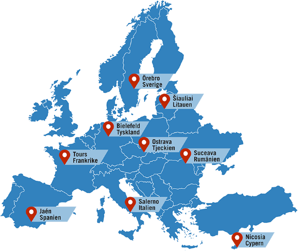 En europakarta med NEOLAiA:s universitet.
