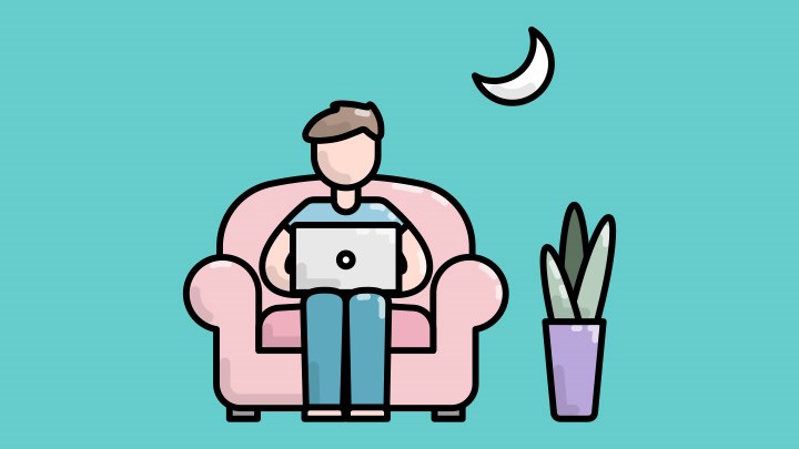 Illustration av en person som nattetid sitter i en fåtölj med en bärbar dator i sitt knä bredvid en grön växt