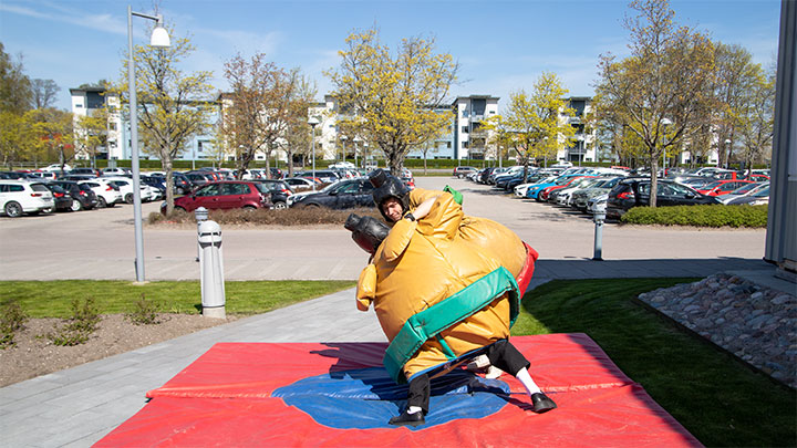 Två personer i sumodräkt brottas.