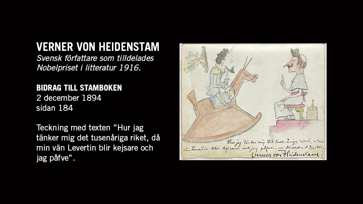 Foto på en sida med en karikatyrskiss av två män och text ur stamboken samt texten "Verner von Heidenstam. Svensk författare som tilldelades Nobelpriset i litteratur 1916."