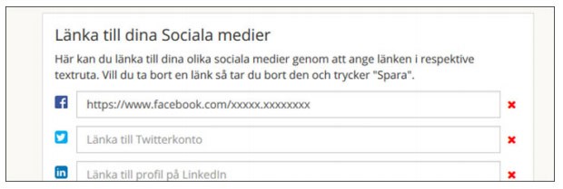 Skärmdump som visar ruta för sociala medier.