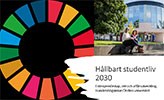 Ett collage med globala mål för hållbarhet tillsammans med en bild på studenter och texten "Hållbart studentliv 2030".