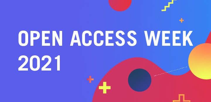 Texten "Open Access Week 2021" i vitt mot en blå, röd och gul bakgrund.