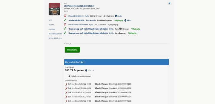 Skärmklipp från datorskärm med en grön ruta med texten "Reservera" .