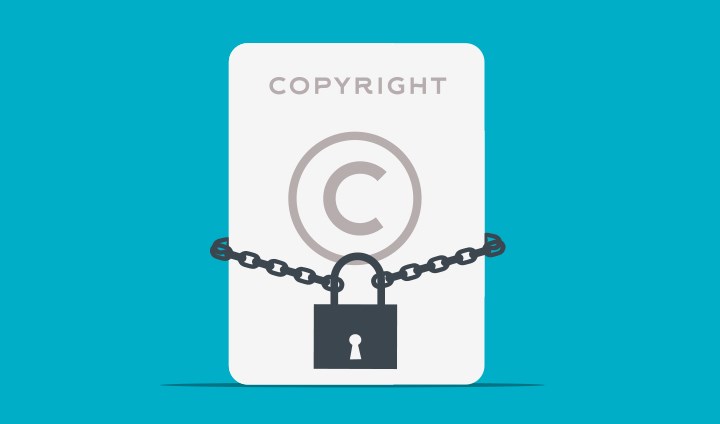En illustration med ett vitt block med texten "copyright" och runt blocket sitter en kedja med ett hänglås.
