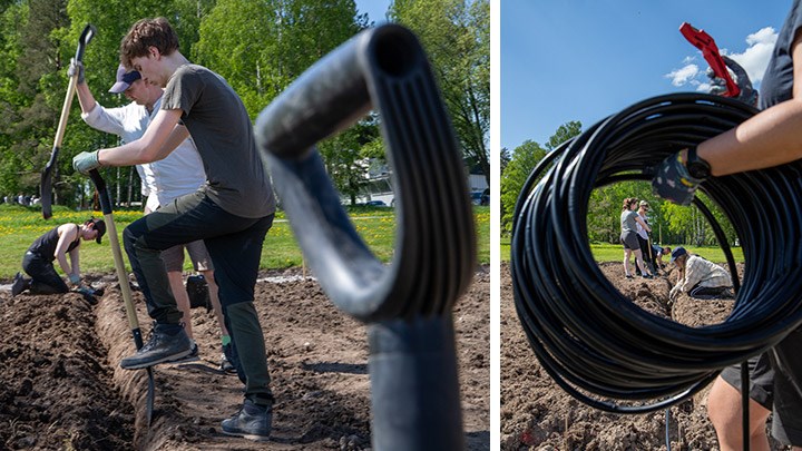 Ett montage av två bilder. Den ena visar hyr studneter gräver i jorden med spadar för droppbevattningen. Den andra visar den långa svarta slang som läggs ut under marken.