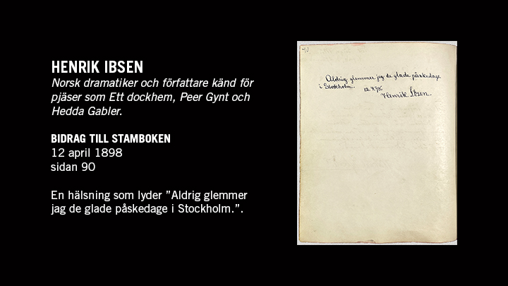 Foto på en sida med text ur stamboken samt texten "Henrik Ibsen. Norsk dramatiker och författare känd för pjäser som Ett dockhem, Peer Gynt och Hedda Gabler."