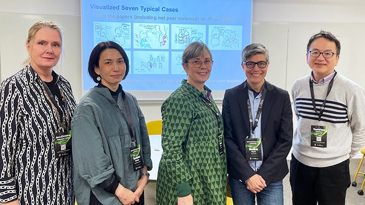 The research group’s scientific poster about treating older LGBTQ+ individuals within elderly care was selected as the best poster at the Research and Innovation Week in Umeå. From the left: Ann-Christine Petersson Hjelm, Uppsala University, Tsukasa Muraya, Chikushi Jogakuen University, Anna Bratt, Linnaeus University, Matilda Wurm, Örebro University, and Yoshihisa Hirakawa, Nagoya University.