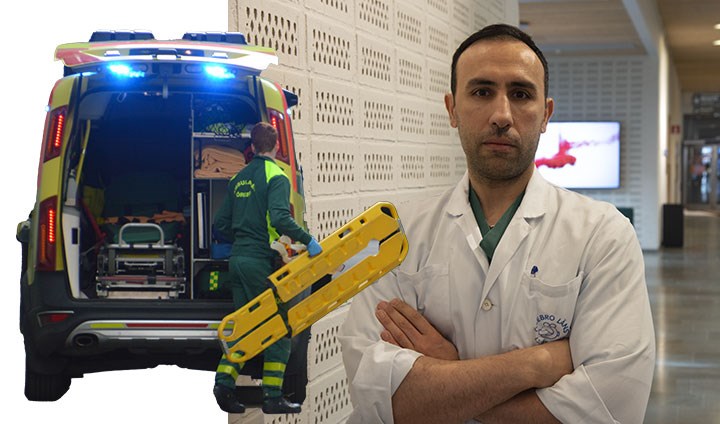 Ett montage av två bilder. En ambulans med blåljus och öppen baklucka och ett porträtt på Shahin Mohseni i vita sjukhuskläder.