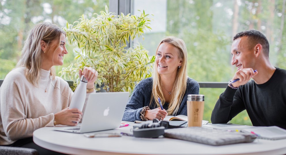 Bild på tre studenter och en laptop