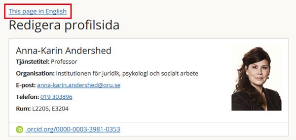 Skärmdump av profilsidan med länken This page in English.