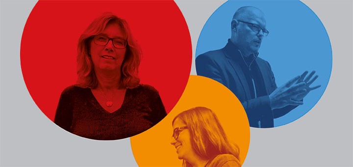 Logotype for Social Impact Lab at Örebro University. Three round balls (red, blue and orange) with a grey background, with a picture of Social Impact Lab participants in each ball.